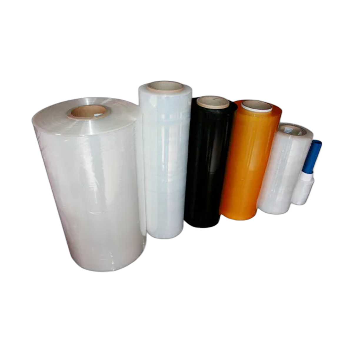 Rollos de película stretch transparente y de colores.